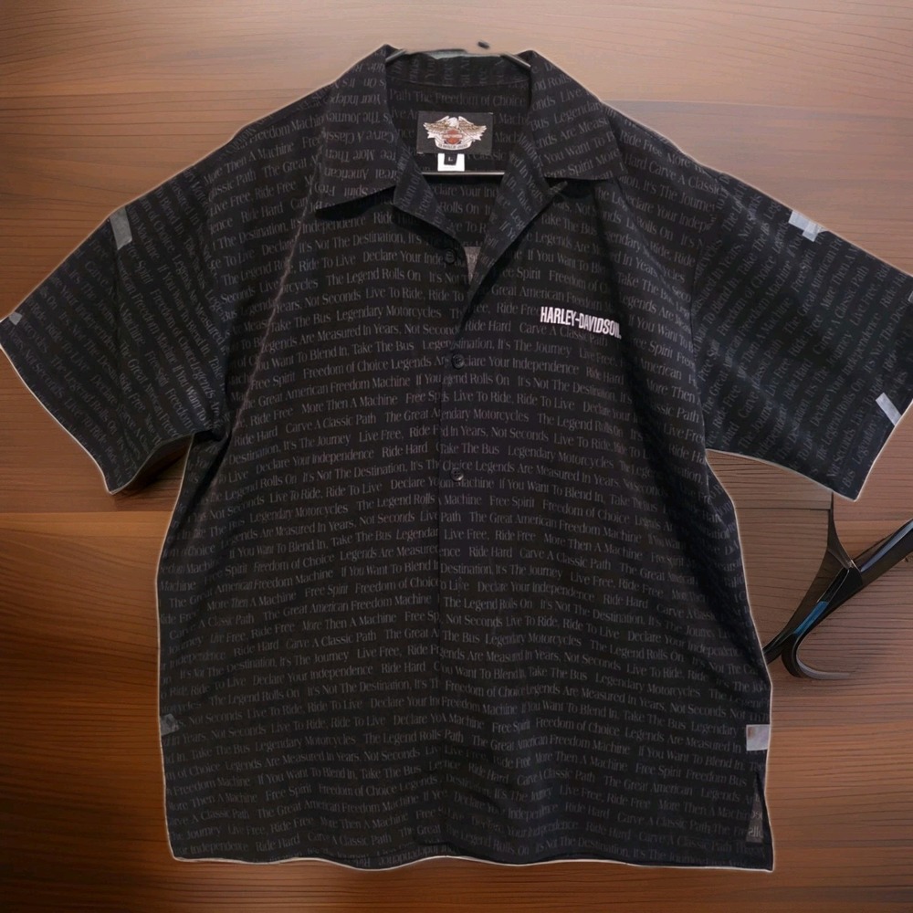 Harley Davidson Motorcycle Shirt Mens L Black All Over Print Button Up